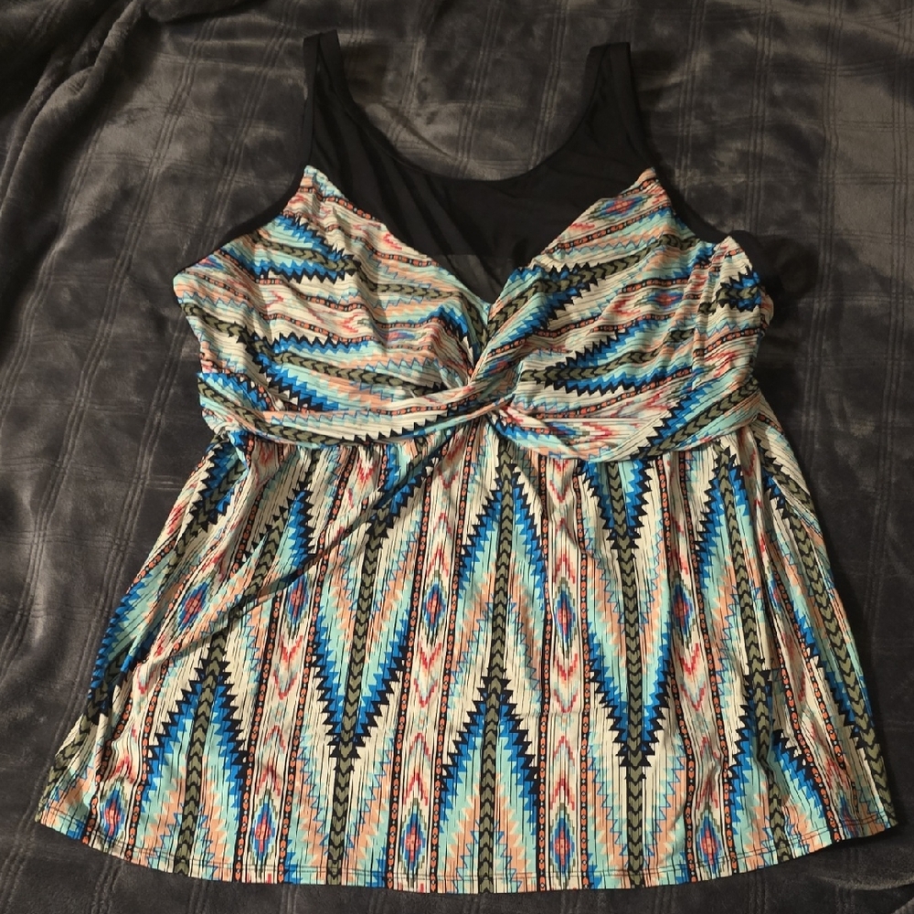 Coco Reef Blue and Black Graphic Asymmetrical Swim Top